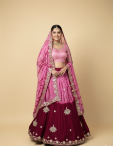rani pink & wine tie dye embroidered lehenga choli with dupatta