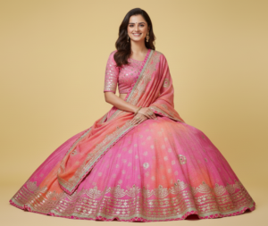 pink–peach dual tone bandhani lehenga choli with mirror work & gota patti border – festive wear