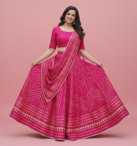 rani pink bandhani print lehenga choli with gota patti border – festive & wedding wear