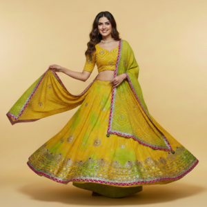 yellow–green dual tone bandhani lehenga choli with mirror work & heavy gota patti border – festive wear