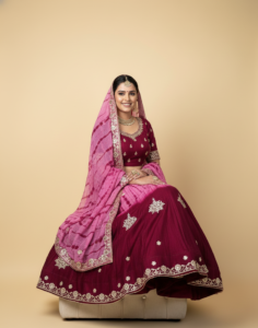 rani pink & wine tie dye embroidered lehenga choli with dupatta