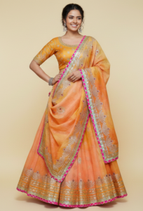 peach–orange dual tone bandhani lehenga choli with mirror work & gota patti border – festive wear