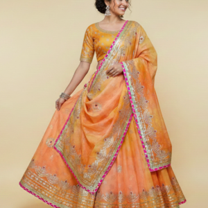 peach–orange dual tone bandhani lehenga choli with mirror work & gota patti border – festive wear