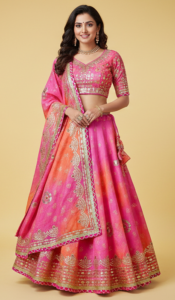 pink–peach dual tone bandhani lehenga choli with mirror work & gota patti border – festive wear