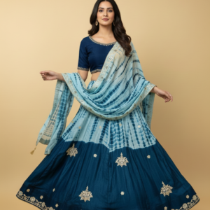 sky blue & navy blue tie dye embroidered lehenga choli with dupatta