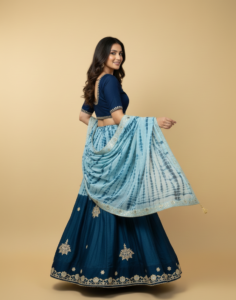sky blue & navy blue tie dye embroidered lehenga choli with dupatta