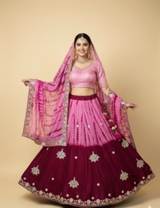 Rani Pink & Wine Tie-Dye Embroidered Lehenga Choli with Dupatta rani pink & wine tie dye embroidered lehenga choli with dupatta