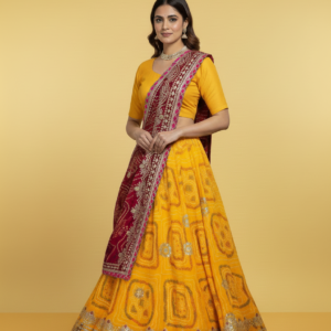 mustard yellow bandhani print lehenga choli with mirror work & gota patti border – festive wear