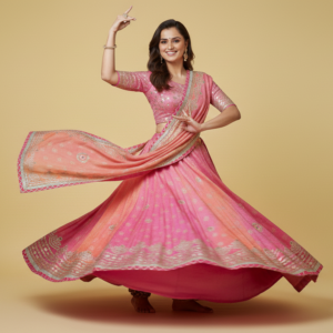 pink–peach dual tone bandhani lehenga choli with mirror work & gota patti border – festive wear