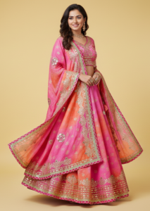 pink–peach dual tone bandhani lehenga choli with mirror work & gota patti border – festive wear