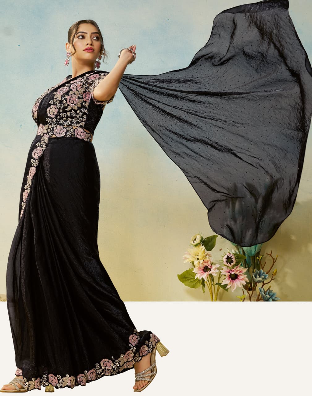 party wear silk black ready to wear saree waist belt pearls work on blose party wear silk black ready to wear saree waist belt pearls work on blose