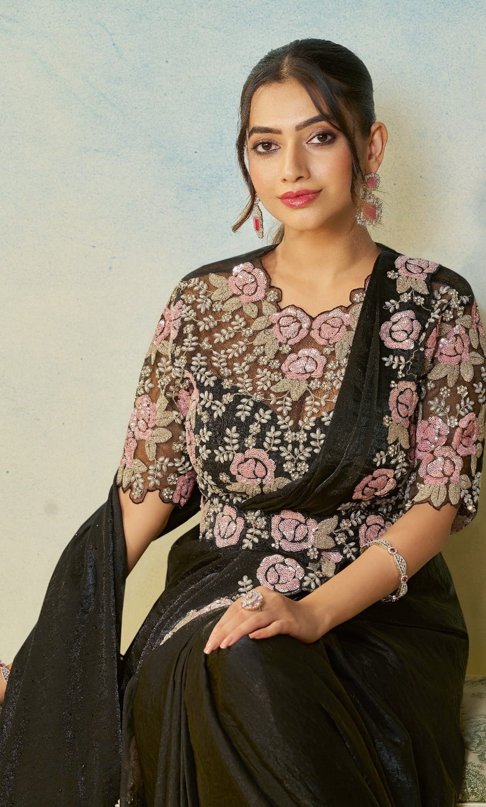 party wear silk black ready to wear saree waist belt pearls work on blose party wear silk black ready to wear saree waist belt pearls work on blose