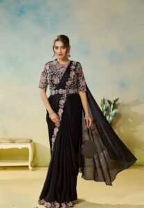 One Minute Saree Party Wear Silk Black Ready To Wear Saree Waist Belt Pearls Work on Blouse party wear silk black ready to wear saree waist belt pearls work on blose
