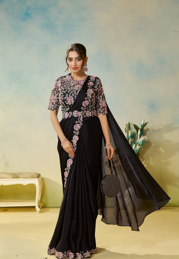 party wear silk black ready to wear saree waist belt pearls work on blose party wear silk black ready to wear saree waist belt pearls work on blose
