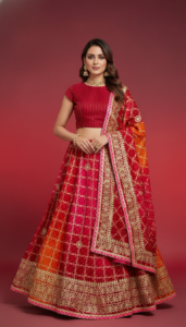 red–orange banarasi style lehenga choli with heavy golden zari border – wedding & festive wear