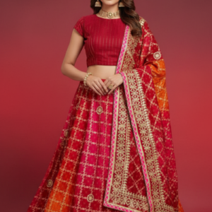 red–orange banarasi style lehenga choli with heavy golden zari border – wedding & festive wear
